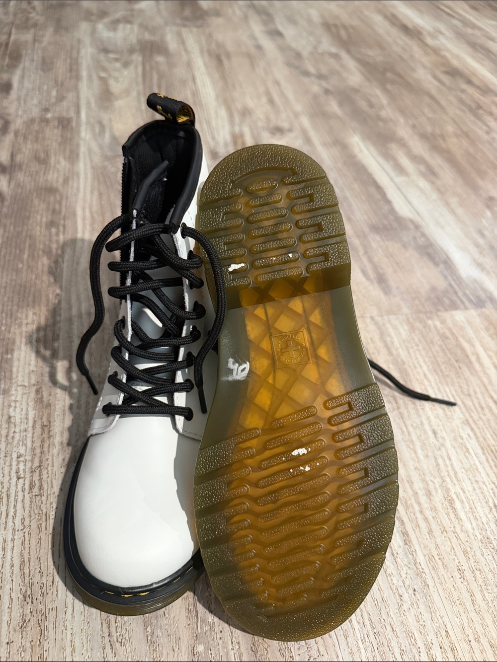 Dr. Martens White and Black Kids Combat Boots - Picture 2 of 4